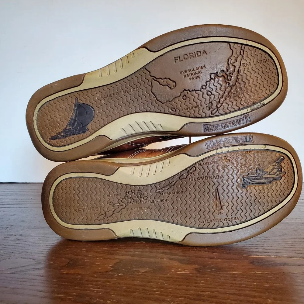 Margaritaville 'DREAMIN' Leather Mens Size 8 Anchor Tan Boat Shoes 2-Eye Loafers